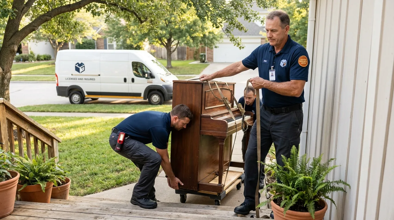Licensed piano movers securing grand piano in Midvale, UT